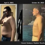 A side-by-side comparison showing a man's physical transformation between April 6, 2026, at 192 lbs and October 26, 2026, at 169.9 lbs.