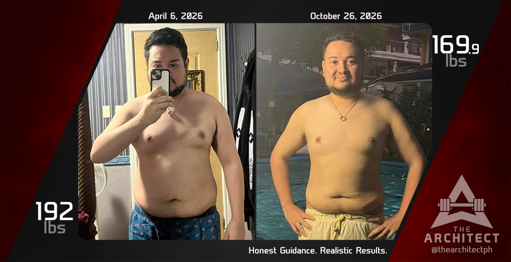 A side-by-side comparison showing a person's physical progress from April 6, 2026, at 192 lbs to October 26, 2026, at 169.9 lbs.